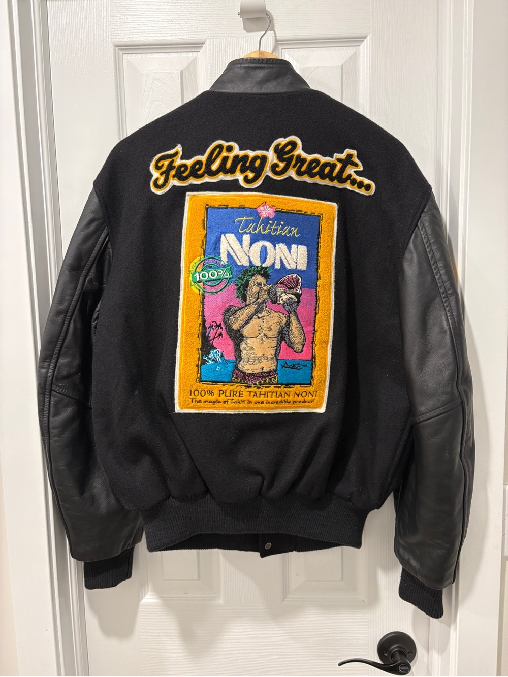Vintage Wool Leather Bomber Jacket Tahitian Noni Juice Medium 90s Embroidered